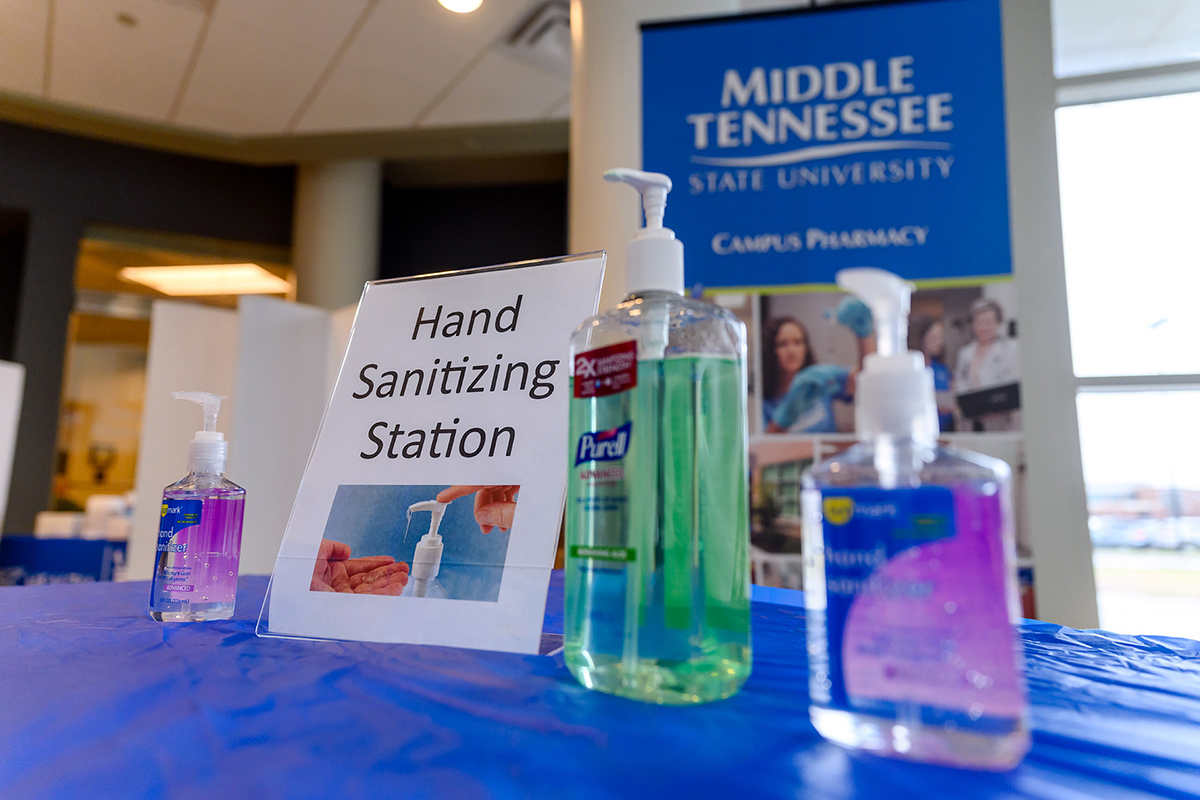 MTSU Student Health Services is offering a hand-sanitizing station in the front lobby adjacent to a triage area where nurses are checking in MTSU students with scheduled appointments or dropping in because they might be ill. The clinic is in the MTSU Student Health, Wellness and Recreation Center and open from 8 a.m. to 4:30 p.m. Monday through Friday. (MTSU photo by J. Intintoli)