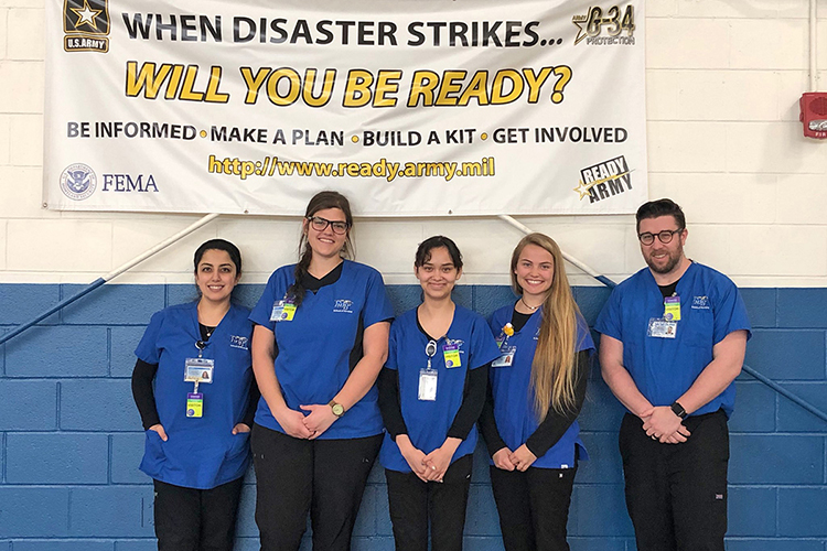 MTSU nursing students are volunteering their services at the Tennessee Department of Health Call Center in Nashville. Pictured, from left, are Sufeia Durani, a senior from Brentwood, Tenn.; Olivia Riggs, a senior from Lenoir City, Tenn.; Blanca Lopez, a senior from La Vergne, Tenn.; Micaela Snider, a senior from Franklin, Tenn.; and Jeremy Bush, a senior from Antioch, Tenn. (Photo submitted)