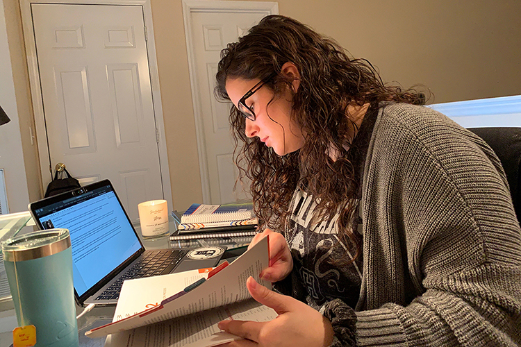 Kelsey Talbott conducts online tutoring sessions with students under the auspices of the MTSU University Writing Center. All tutors are working remotely because of the COVID-19 outbreak. Talbott, a senior biology major from Manchester, Tenn., has tutored for the UWC for three years. (Photo submitted)