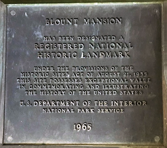 This photo shows the 1965 plaque designating Blount Mansion, the Knoxville home of William Blount, signer of the U.S. Constitution and one of Tennessee's first senators, as a National Historic Landmark by the National Park Service. Tennessee State Historian Carroll Van West, MTSU history professor and director of the university's Center for Historic Preservation, is the newest appointee to the National Historic Landmarks Committee. The committee recommends new sites to the park service board each year. (Photo courtesy of Blount Mansion)