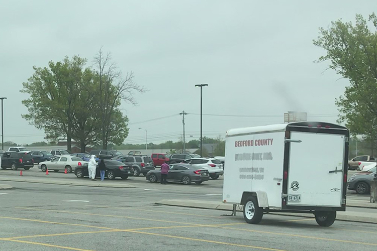 Lines were long at Shelbyville (Tenn.) Central High School April 18 as motorists waited to be administered the COVID-19 test under the auspices of the Tennessee Department of Health and the Tennessee National Guard. (Photo submitted)