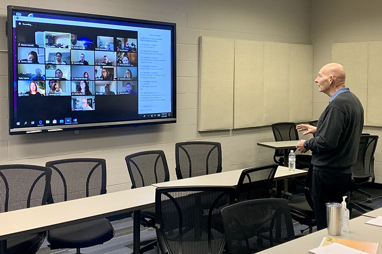 Keith Huber, right, senior adviser for veterans and leadership initiatives, teaches his Applied Leadership class via Zoom videoconferencing recently as part of the university’s switch to remote learning in response to the coronavirus outbreak. (MTSU photo by Hunter Patterson)