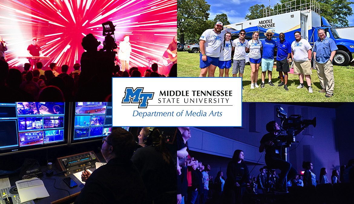 compilation of images, with the MTSU Department of Media Arts logo, of MTSU video and film production students working on multiple projects, including, clockwise from top left, the 