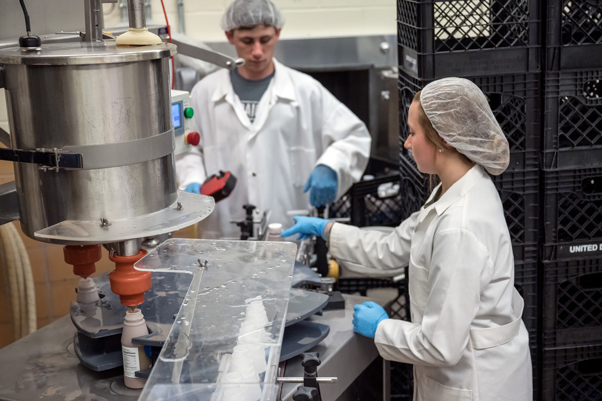 MTSU student workers Jacob Wade, left, and Erin Coleman oversee the bottling process in the milk processing plant in the Stark Agriculture Center on campus. A new labeling machine applies new chocolate milk labels onto new round bottles. (MTSU photo by J. Intintoli)