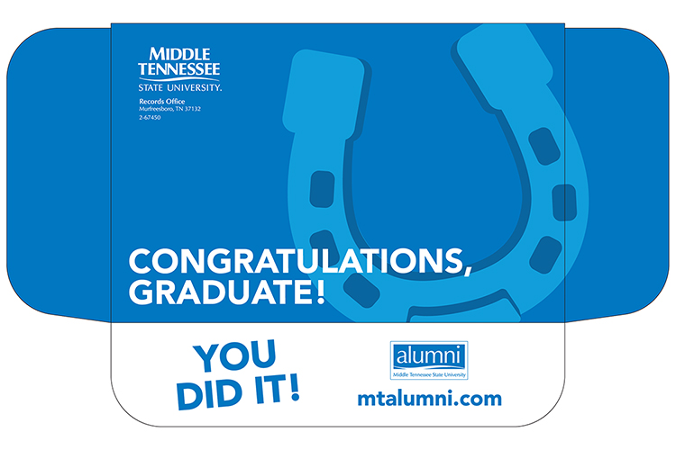 Each of MTSU's spring Class of 2020 graduates will receive a special "True Blue Graduation Box," featuring this image, that includes their diploma, a mortarboard and tassel and other items marking their accomplishments. MTSU is providing the commemorative package in the wake of canceling its planned on-campus commencement ceremonies and conducting a virtual commencement ceremony on Saturday, May 9. (Image by MTSU Creative Marketing Solutions)