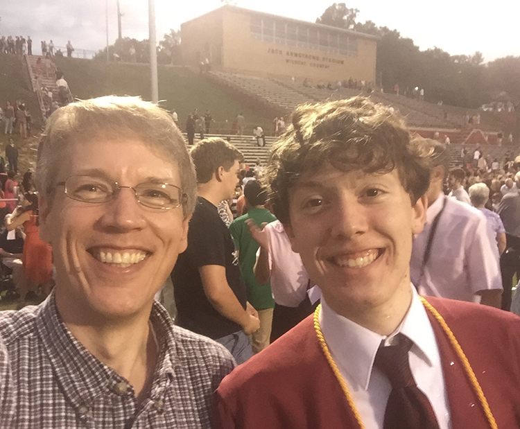 MTSU summer 2020 graduate Phil Roberts is shown with his son, Matthew, at his high school graduation in 2015. Roberts, 54, will receive his bachelor’s degree in integrated studies in August after using MTSU’s Prior Learning Assessment program to facilitate his pursuit of a degree. (Submitted photo)