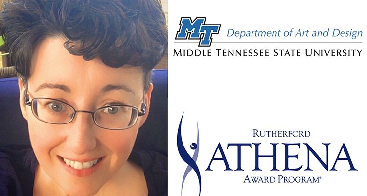 MTSU sophomore Karla Kirelawich of La Vergne, Tennessee, a graphic design major who is the 2020 recipient of the ATHENA Patrons Society Scholarship from Rutherford Cable, is shown with the MTSU Department of Art and Design logo and the Rutherford Cable ATHENA Award logo.