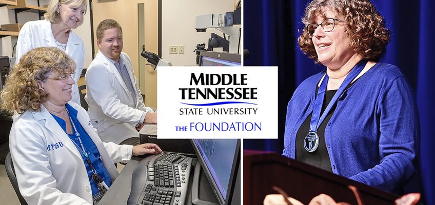 MTSU Department of Biology professor Mary Farone is shown at left in a university research lab with colleagues in 2016 and at right accepting the university's highest faculty honor, the MTSU Foundation Career Achievement Award, at the 2020 Fall Faculty Meeting in Tucker Theatre Thursday, Aug. 20. (MTSU photos by J. Intintol)