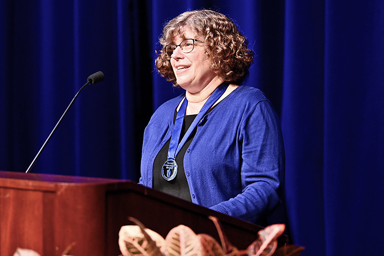 MTSU Department of Biology professor Mary Farone makes a point Thursday, Aug. 20, after receiving the university's highest faculty honor, the MTSU Foundation Career Achievement Award, at the 2020 Fall Faculty Meeting in Tucker Theatre. The annual event, held virtually this year because of the pandemic, saluted Farone's 24 years of teaching, research and service to students and honored 11 more faculty award recipients for their accomplishments in and outside the classroom. (MTSU photo by J. Intintol)