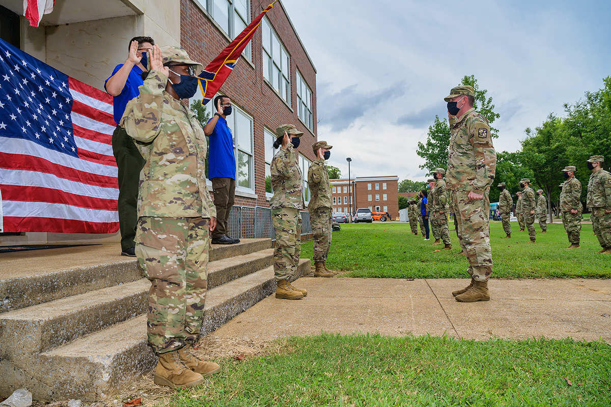 U.S. Army Lt. Col. Carrick McCarthy, right, director of the MTSU Military Science program, issues the Army oath Thursday, Aug. 27, during the swearing in of five new cadets in front of Forrest Hall. The newcomers include Caleb Watts, Christina Sayaboun, Seth Pilgrim, Wilnie FanFan and Sebastien Kernisant. (MTSU photo by Andy Heidt)