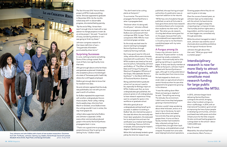 This screen capture shows one of the main feature stories on faculty-student research in the Summer 2020 edition of MTSU Magazine.
