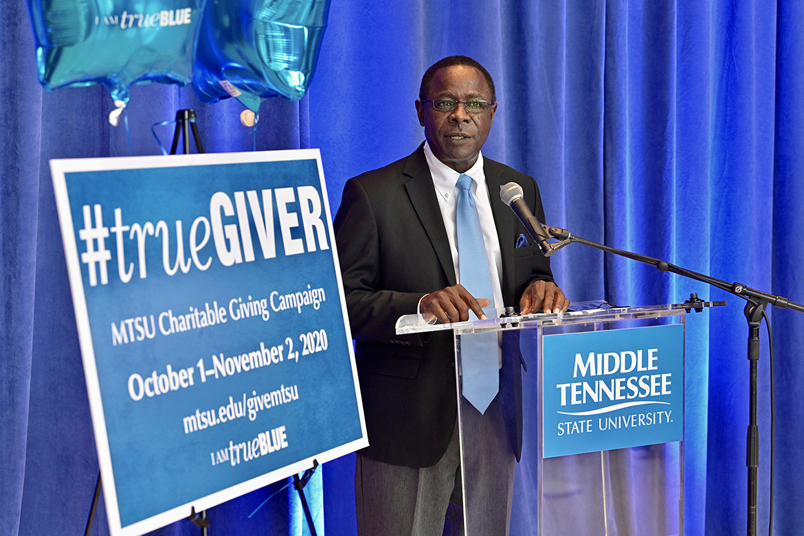 MTSU President Sidney A. McPhee announces a $135,000 for the 2020-21 MTSU Employee Charitable Giving Campaign during a kickoff ceremony held recently in the atrium of the Cope Administration Building. (MTSU photo by Andy Heidt)