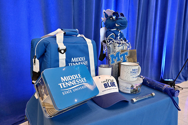 Contributors to the 2020-21 MTSU Employee Charitable Giving Campaign will be eligible to win giveaways of MTSU and True Blue apparel and gear such as these. (MTSU photo by Andy Heidt)