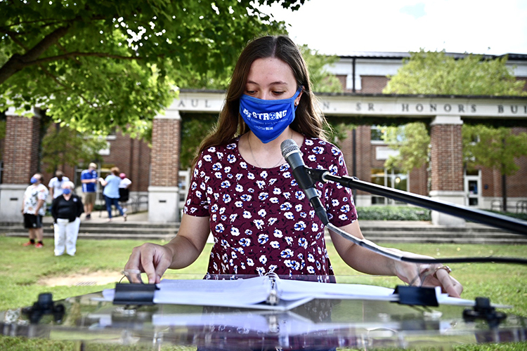 Kaylie Dykgraaf, a senior double major in exercise science and psychology from Hawthorn Woods, Illinois, reads a portion of the U.S. Constitution at the University Honors College as part of MTSU's 2020 celebration of Constitution Day in this file photo. (MTSU file photo by J. Intintoli)