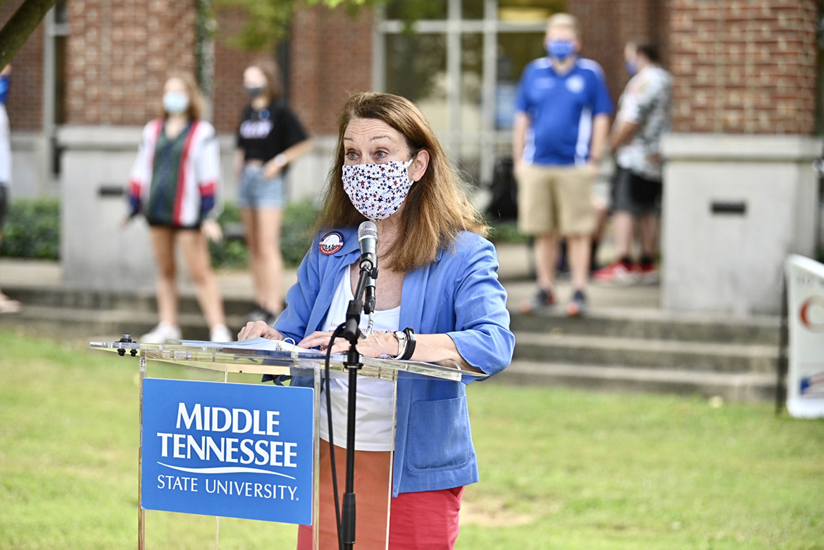Dr. Mary Evins, coordinator of MTSU's American Democracy Project for Civic Learning and history professor, reads a portion of the U.S. Constitution in front of the University Honors College as part of MTSU's 2020 Constitution Day celebration. (MTSU photo by J. Intintoli)