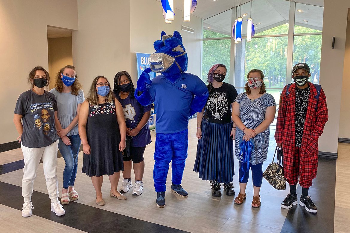 The College of Behavioral and Health Sciences student design team for Lightning’s masks included, from left, Jessica Rush, Clare Manning, Andi Smith, Diamond Williams, Cecil Curlee, Nora Chisamore and Ari Johnson. (MTSU photo by David Foster)