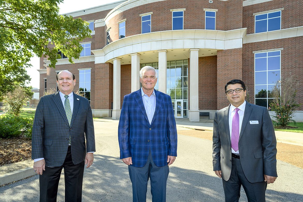 From left, Dr. David Urban, dean of the Jones College of Business at MTSU; Jim Tracy, Tennessee state director of USDA Rural Development; and Dr. Murat Arik, director of the Business and Economic Research Center at MTSU, meet on Sept. 21, 2020, outside the Business and Aerospace Building to discuss a new project partnership between the USDA and the BERC to help distressed communities. (MTSU photo by J. Intintoli)