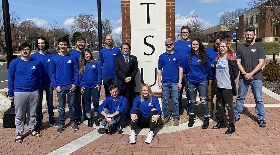 Before the 2020 NASA Human Explorer Rover Challenge was canceled, MTSU Team No. 2 members gather in February near the campus entrance for a group photo. They received the American Institute of Aeronautics and Astronautics Neil Armstrong Best Design Award in the university division for the second time since 2014. (Submitted photo)