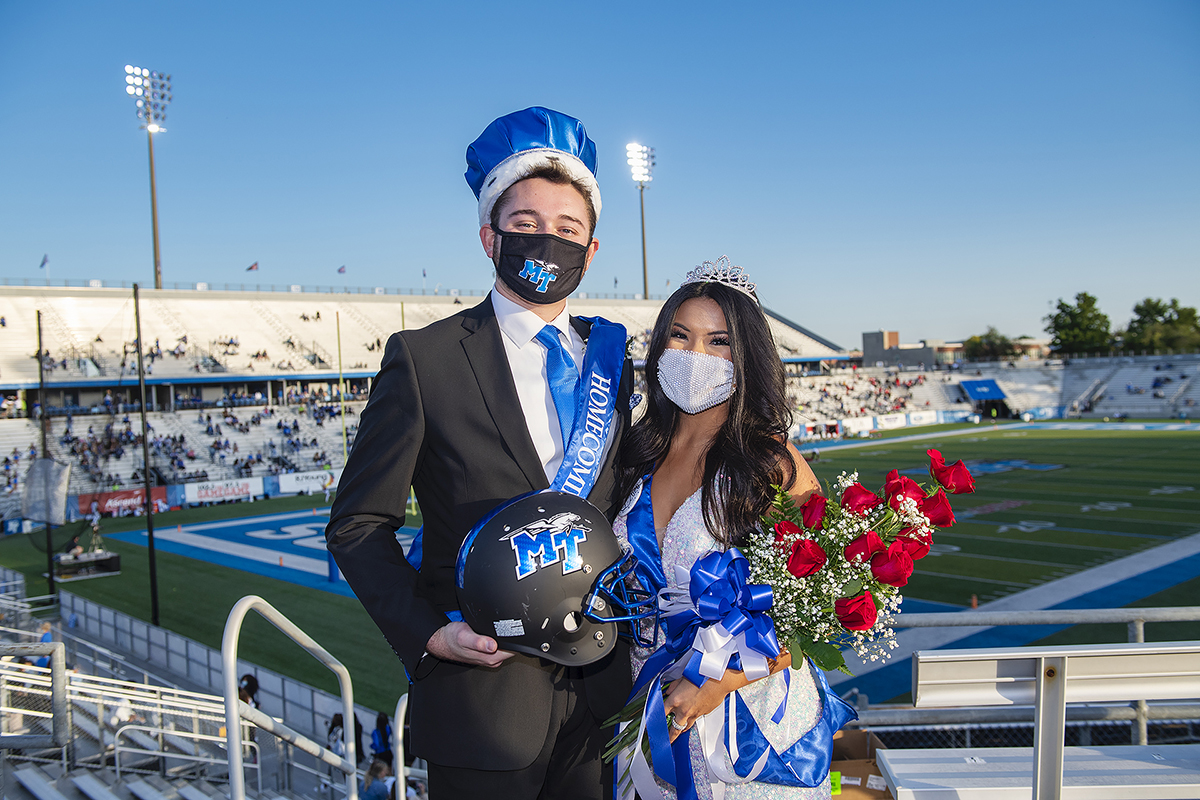 MTSU 2020 Homecoming King Andrew Carpenter and Queen Micah Pruitt were crowned during halftime of the Homecoming Game. (MTSU photo by Andy Heidt)