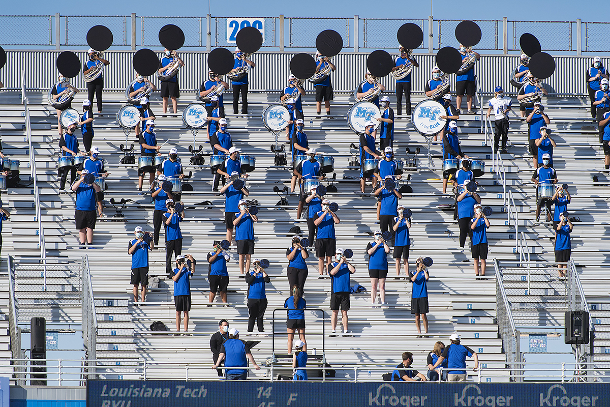 Because of COVID-19, socially distanced members of the MTSU Band of Blue perform a song during the first half of the 2020 Homecoming Game Saturday, Oct. 3, in Floyd Stadium. MTSU, which led 10-3 at one point, lost 20-17 to Conference USA rival Western Kentucky. (MTSU photo by Andy Heidt)