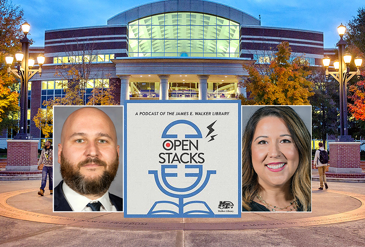 Open Stacks-graphic featuring Dr. Jason Martin and Dr. Erica Cirillo McCarthy. (MTSU file photo of library exterior)