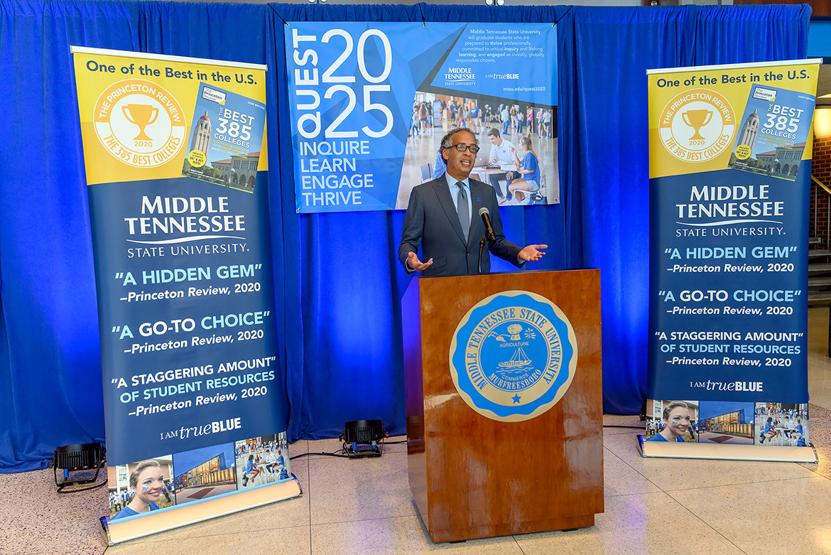 Dr. Vincent Windrow, assistant vice provost for student success, discusses the Quest 2025 initiative announced via livestream Wednesday, Oct. 21, from the lobby of the Cope Administration Building. (MTSU photo by J. Intintoli)