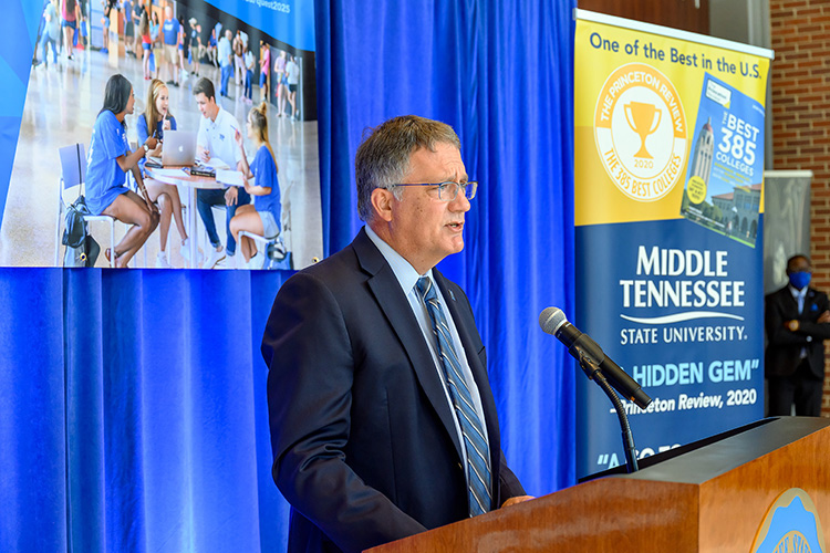 MTSU Provost Mark Byrnes discusses the goals of the Quest 2025 initiative announced via livestream Wednesday, Oct. 21, from the lobby of the Cope Administration Building. (MTSU photo by J. Intintoli)