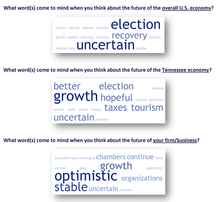 This word cloud shows the words most often given by respondents to the October Tennessee Business Barometer survey when asked to report the word, or words, that came to mind when thinking about the future of the U.S. economy, Tennessee economy and their businesses or firms. (Courtesy of the MTSU Office of Consumer Research)