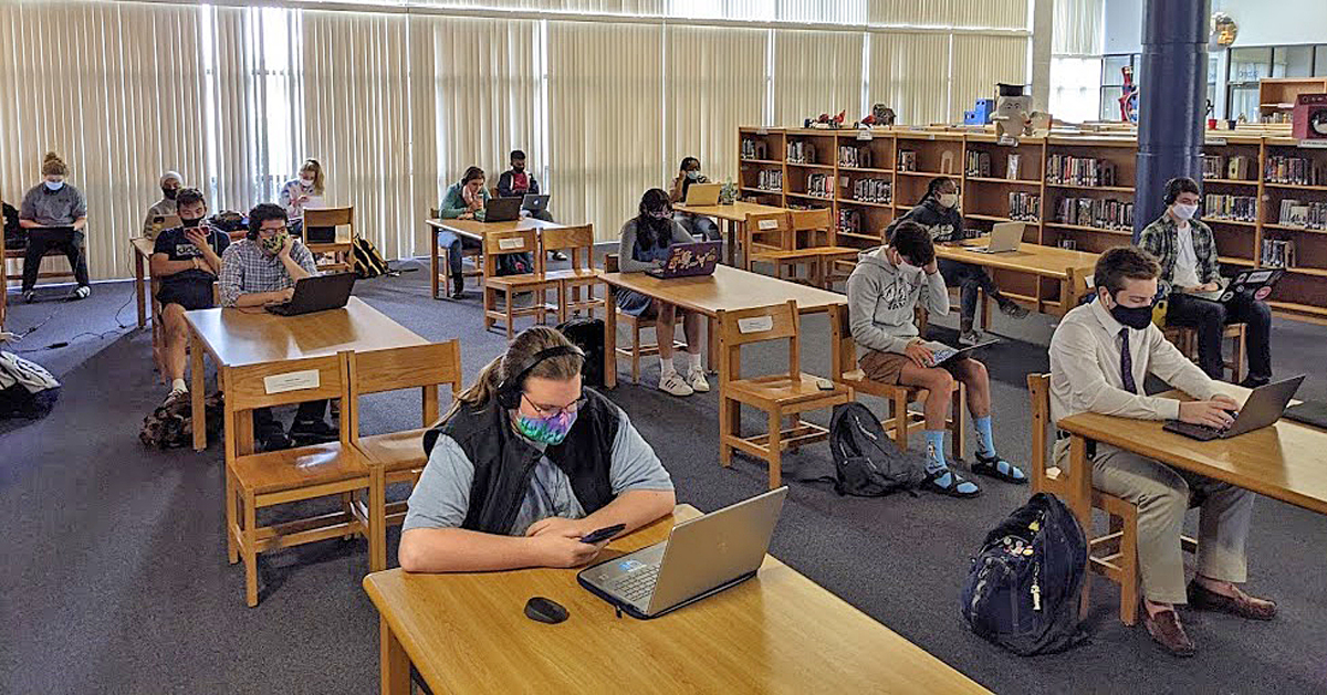 Blackman Collegiate Academy students participate in the virtual BCA Day at MTSU Tuesday, Sept. 29, in the Blackman High School Media Center. They had a wide range of courses to choose from, and also learned about admissions, financial aid and more. (Submitted photo by Blackman High School)
