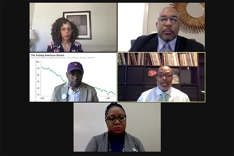 MTSU history professor Dr. Louis Woods, top right, recently participated in a webinar hosted by Paylocity titled "Why is the Conversation about Race so important in Today's Society? Episode 1.” Other panelists included, top left, Dr. GiShawn Mance, assistant professor of Psychology at Howard University; center left, Michael A. DeVaul, national strategy leader for the Boys and Young Men of Color; bottom, Pamyla Fountain Brown, community and citizenship director at Turner Construction Co. ; and center right, moderator Darnell Burtin of The Burtin Group, which co-hosted the webinar. (YouTube screen capture)