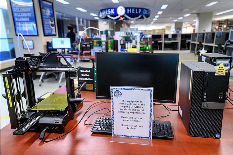 While most equipment and services in the James E. Walker Library's Makerspace remain available despite COVID-19 protocol restrictions, some devices are off limits for the time being as a safety precaution. (MTSU Photo by J. Intintoli)