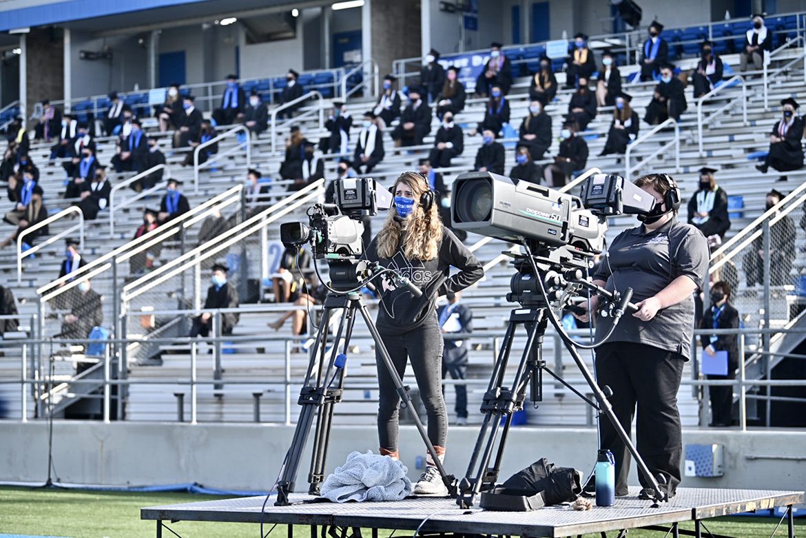 Students from the College of Media and Entertainment’s Department of Media Arts, as well as students working for the university’s Production Services team, produced True Blue TV’s live coverage of the Nov. 21 Fall 2020 commencement ceremonies at Floyd Stadium. The three ceremonies will re-air for 24 hours on Saturday, Nov. 28, on True Blue TV. (MTSU photo by J. Intintoli)