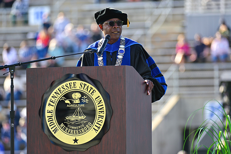 MTSU President Sidney A. McPhee addresses members of the Class of 2020 in Floyd Stadium Saturday, Nov. 21, at the university's fall 2020 commencement ceremonies. MTSU, which held virtual graduations for its May and August graduates because of the pandemic, required strict health protocols for the graduates and limited their guests to help keep the three open-air events safer. (MTSU photo by Cat Curtis Murphy)