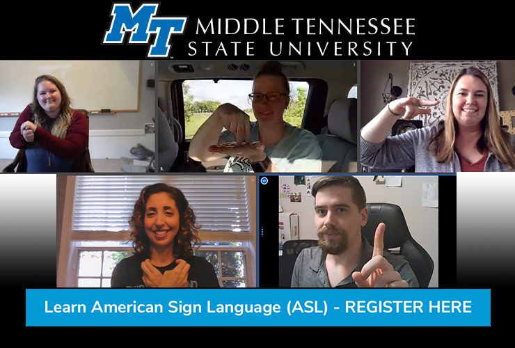 Instructor Haley Jensen, top left, and, clockwise from left, Stacie Lowry, Sarah Pruitt, Sarah Seago, and Joshua Jensen display their American Sign Language skills via video conferencing. (Photo submitted)