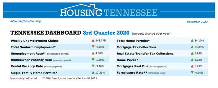 This chart shows year-over-year changes in the third quarter performance of the Tennessee housing market. (Courtesty of the MTSU Business and Economic Research Center)