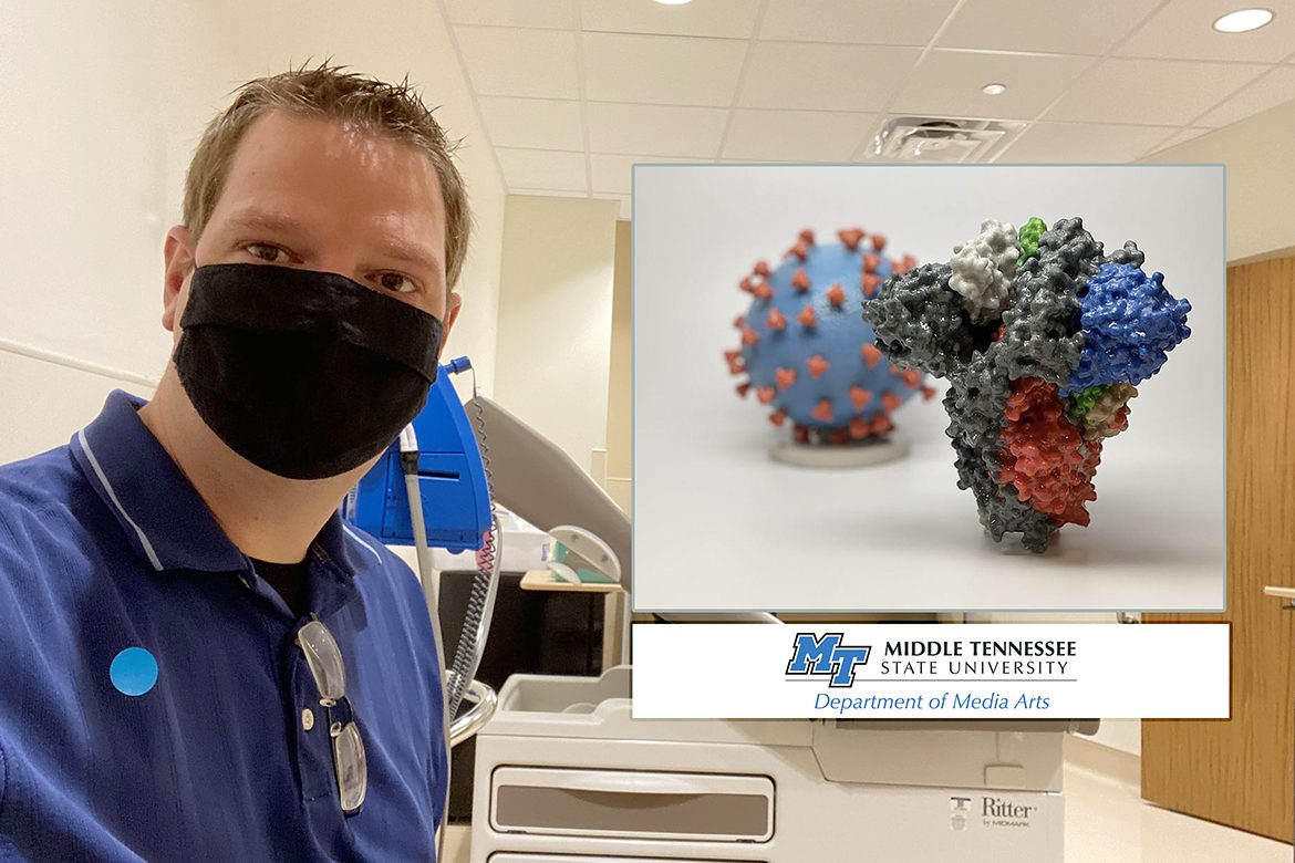 Mike Forbes, assistant director for technical systems in Middle Tennessee State University’s Department of Media Arts in the College of Media and Entertainment, snaps a selfie in a Vanderbilt University Medical Center exam room in August while he waits to participate in Moderna Inc.'s COVID-19 vaccine trials. The inset photo from the National Institutes of Health shows a 3D print of a spike protein of SARS-CoV-2, the virus that causes COVID-19, in front of a 3D print of a SARS-CoV-2 virus particle. Forbes was one of 1,000 local volunteers to sign up for the double-blind study this summer and one of 95 out of 30,000 participants nationwide to contract the virus a few weeks later, but he says if his experience played a part in getting out the vaccine sooner for others, 