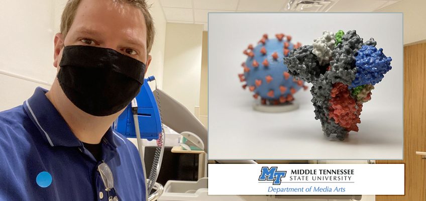 Mike Forbes, assistant director for technical systems in Middle Tennessee State University’s Department of Media Arts in the College of Media and Entertainment, snaps a selfie in a Vanderbilt University Medical Center exam room in August while he waits to participate in Moderna Inc.'s COVID-19 vaccine trials. The inset photo from the National Institutes of Health shows a 3D print of a spike protein of SARS-CoV-2, the virus that causes COVID-19, in front of a 3D print of a SARS-CoV-2 virus particle. Forbes was one of 1,000 local volunteers to sign up for the double-blind study this summer and one of 95 out of 30,000 participants nationwide to contract the virus a few weeks later, but he says if his experience played a part in getting out the vaccine sooner for others, "I'm okay with that." (photos courtesy of Mike Forbes and the National Institutes for Health)