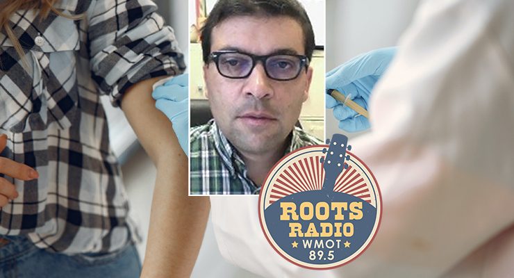 Dr. Anthony Farone, center, a professor of biology specializing in immunology and microbiology, discussed coronavirus vaccines on a recent "MTSU On the Record" radio program with host Gina Logue. (Vaccination photo by Gustavo Fring from Pexels; Farone photo by MTSU Creative Marketing Solutions)