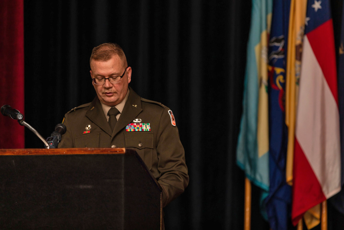 U.S. Army Reserve Brig. Gen. Robert Powell Jr. gives remarks during his promotion ceremony at Fort Gordon, Georgia, Dec. 15, 2020. With the promotion, Powell will serve as the deputy commanding general 335th Signal Command (Theater). (U.S. Army photo by Capt. David Gasperson)