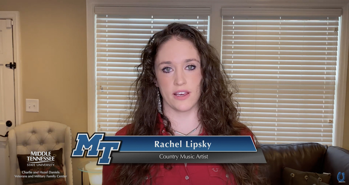 Country music artist Rachel Lipsky performs the national anthem during the third annual MTSU Veteran Impact Celebration Nov. 5. An encore presentation of the fundraising event for the Charlie and Hazel Daniels Veterans and Military Family Center will air at 7 p.m. Tuesday, Dec. 29, on MTSU’s True Blue TV, YouTube and Facebook channels. (MTSU screenshot)