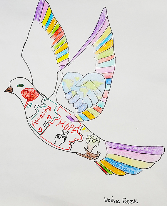 This drawing by MTSU freshman biochemistry major Verina Rezk of Smyrna, Tennessee, is included in "Pieces of Peace," a compilation of images into a digital postcard for the 2020 United Nations International Day of Persons with Disabilities. (Image courtesy of Verina Rezk)