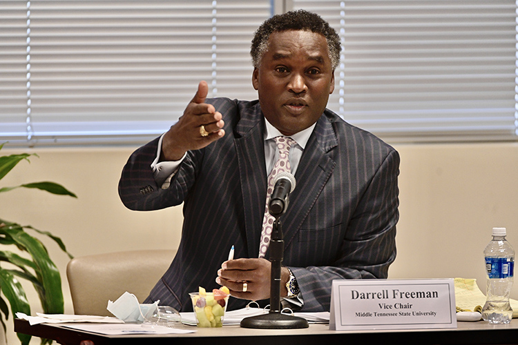MTSU Board of Trustees Vice Chairman Darrell Freeman makes a point during the board’s meeting held Tuesday, Dec. 8, 2020, inside the Miller Education Center. (MTSU photo by Andy Heidt)