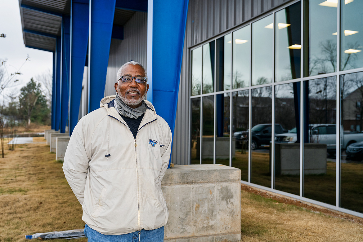 Ron Malone, Middle Tennessee State University’s assistant vice president of Events and Transportation Services, looks forward to welcoming the campus community to the department’s new building on City View Drive, pictured here on campus on Dec. 16, 2020. (MTSU photo by Andy Heidt)