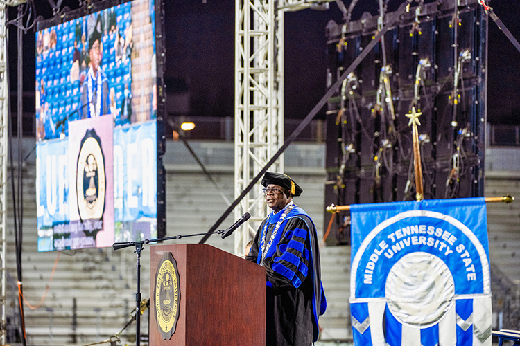 Middle Tennessee State University incorporates LED video display technology often at campus events. With two large LED displays behind him, President Sidney A. McPhee speaks to graduates at an outdoor fall 2020 commencement ceremony held Nov. 21 at Floyd Stadium in Murfreesboro, Tenn. (MTSU photo by Andy Heidt)