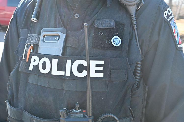This closeup photo of Middle Tennessee State University Police patrol specialist Leroy Carter’s uniform shows he is geared up for his shift to serve the campus community on Jan. 22, 2021. (MTSU photo by Stephanie Barrette)