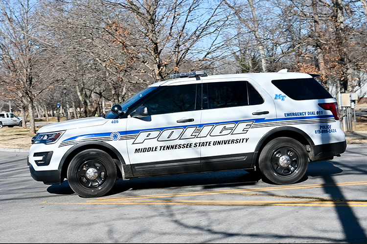 Protected by the tinted windows on his patrol SUV, Trevor Cheney, Middle Tennessee State University Police patrol corporal, drives around campus to keep the community safe on Jan. 22, 2021. (MTSU photo by Stephanie Barrette)