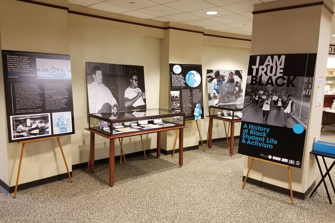The "I Am True Black" exhibit, created by the Albert Gore Research Center, is on display on the first floor of the James E. Walker Library through the end of the Spring 2021 semester. It explains African American student activism at MTSU through the decades. (MTSU photo)