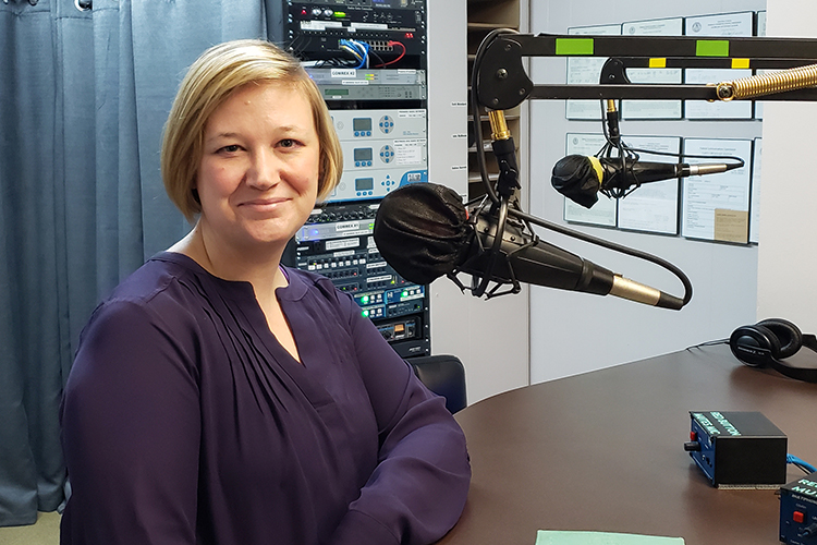 Maigan Wipfli, director of the June Anderson Center for Women and Nontraditional Students, appears on the March 15 WGNS “Action Line” program with host Scott Walker from the station’s downtown Murfreesboro studio. (MTSU photo by Jimmy Hart)