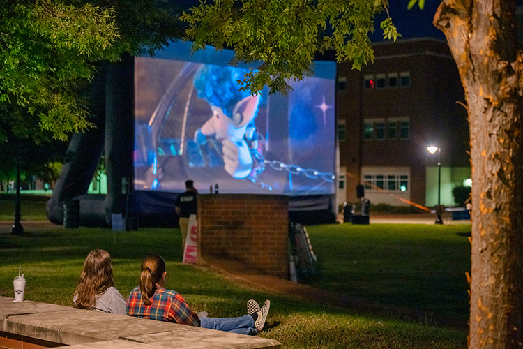 Masked and socially distanced Middle Tennessee State University students enjoyed the Disney Pixar film “Onward” under the stars on Sept. 11, 2020, on campus, one of many campus events that students can now learn about on the new Campus Life webpage on mtsu.edu. (MTSU file photo Cat Curtis Murphy).