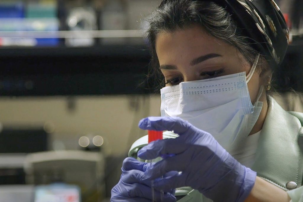 Afnan Mohsin, a recent Middle Tennessee State University graduate, works on an undergraduate research project involving microbiology and food safety on campus in November 2020. (MTSU video screen grab)